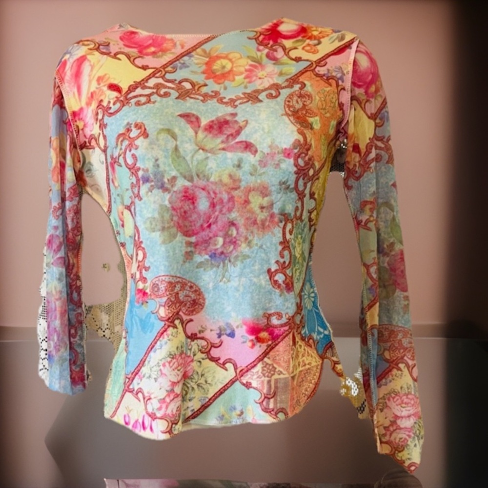 Etoile Du Monde Powder Blue/ Pink Sheer Floral Top Shirt small